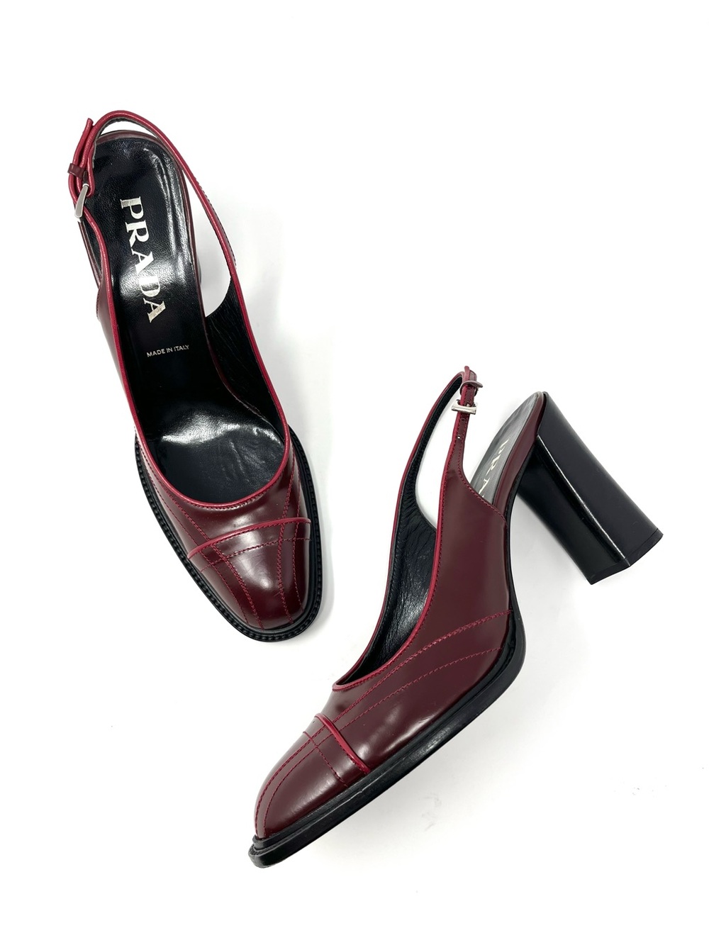 Vintage Vtg Prada 90s Y2K Burgundy Dark Red Leather Slingback Pumps Heels 38.5